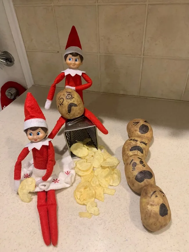 Elf and Evie grating potatoes and turning them into crisps