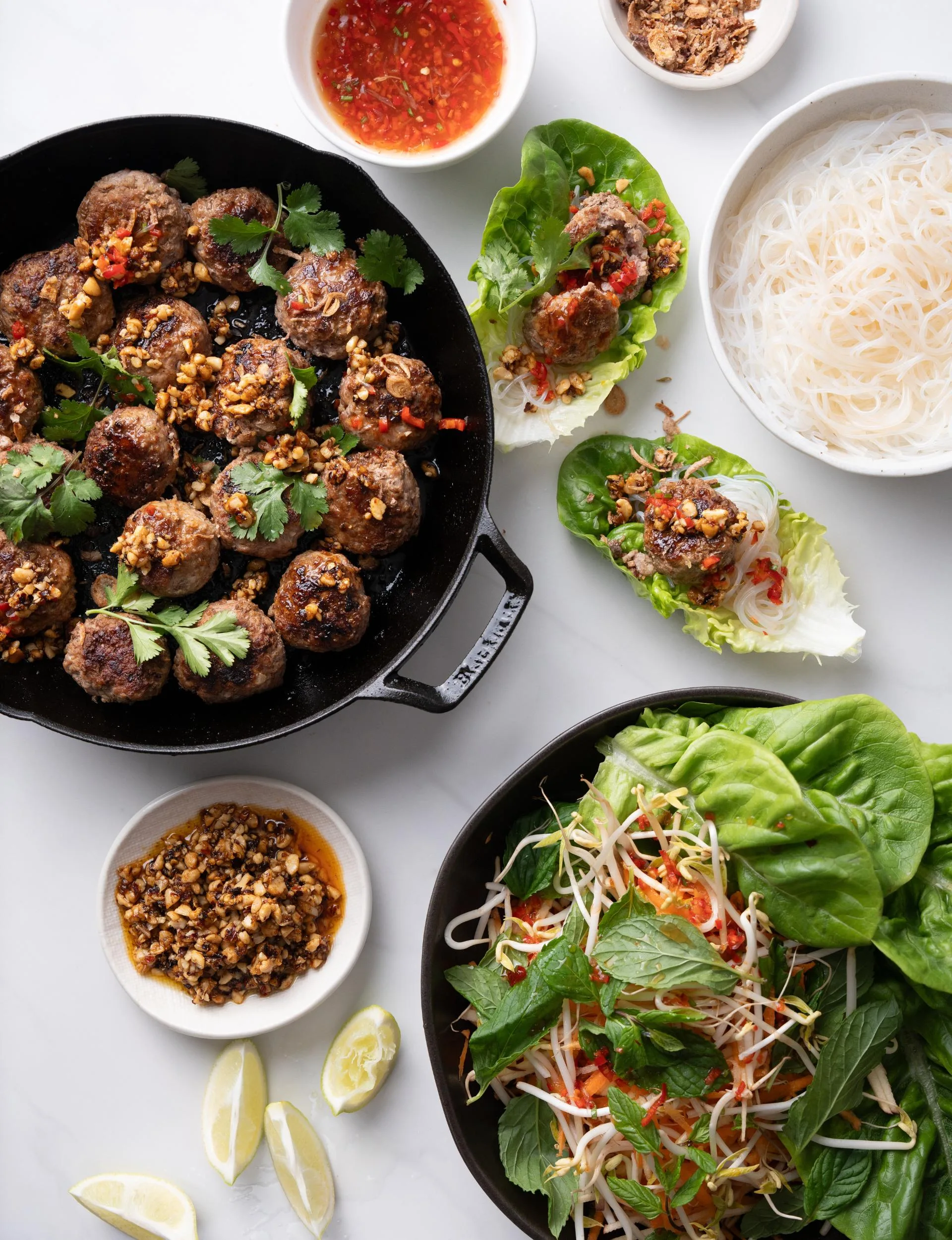 Charred meatballs with peanut chilli crack