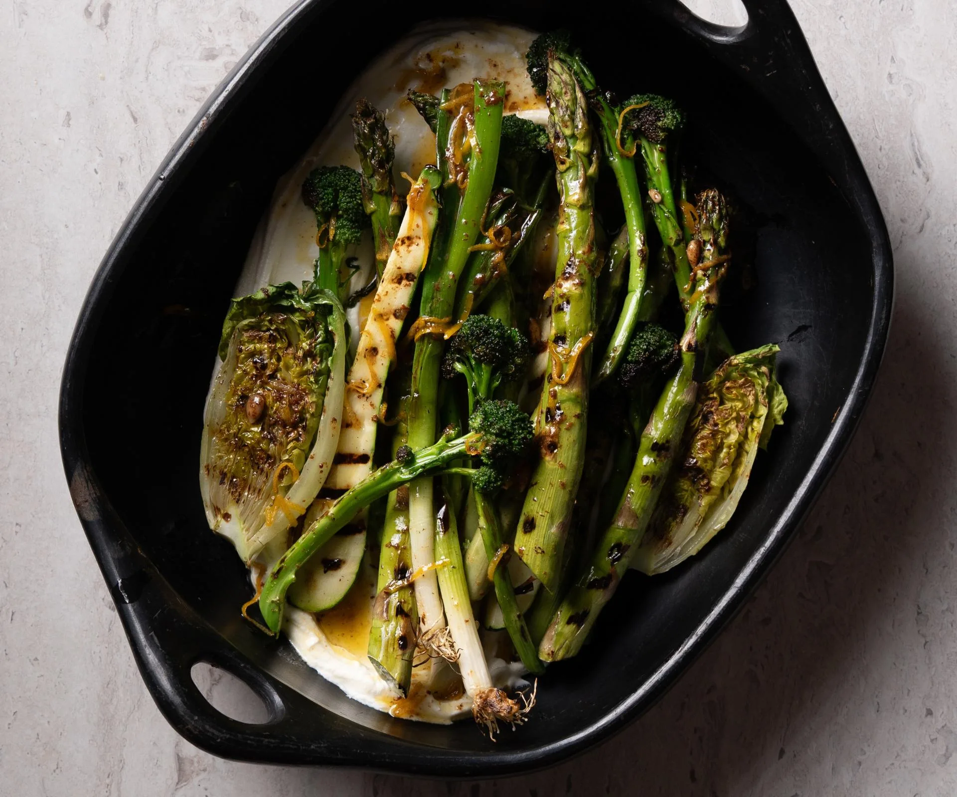 Grilled greens with Greek yoghurt & burnt lemon butter