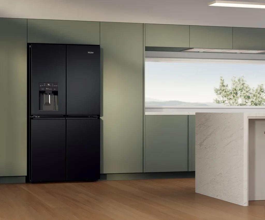 Haier fridge in a green kitchen