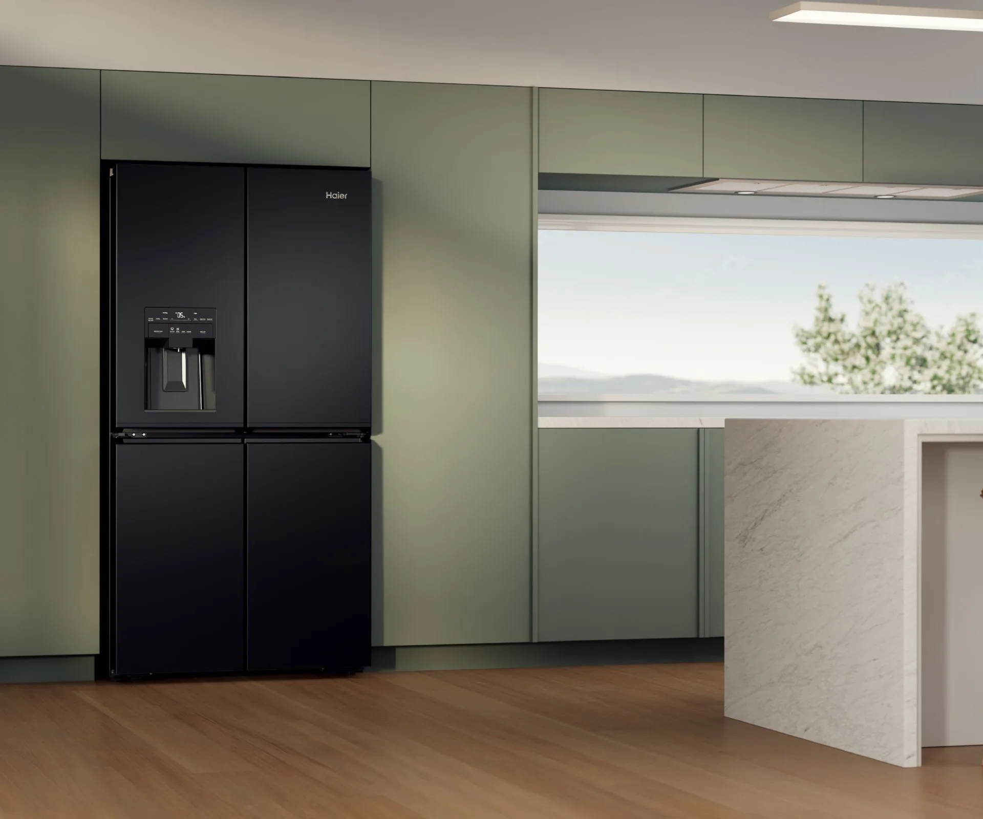 Haier fridge in a green kitchen