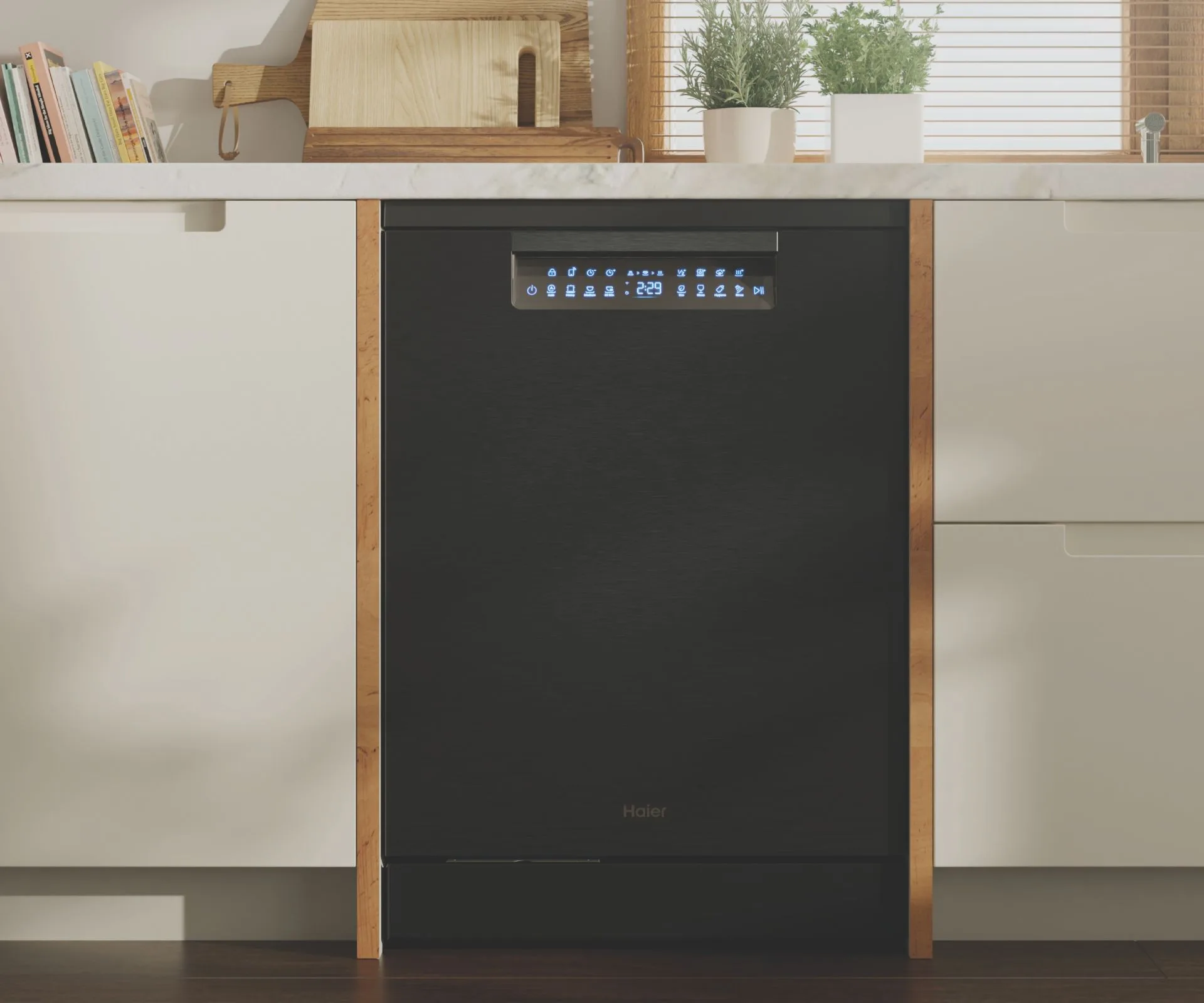 A Haier dishwasher installed under the sink