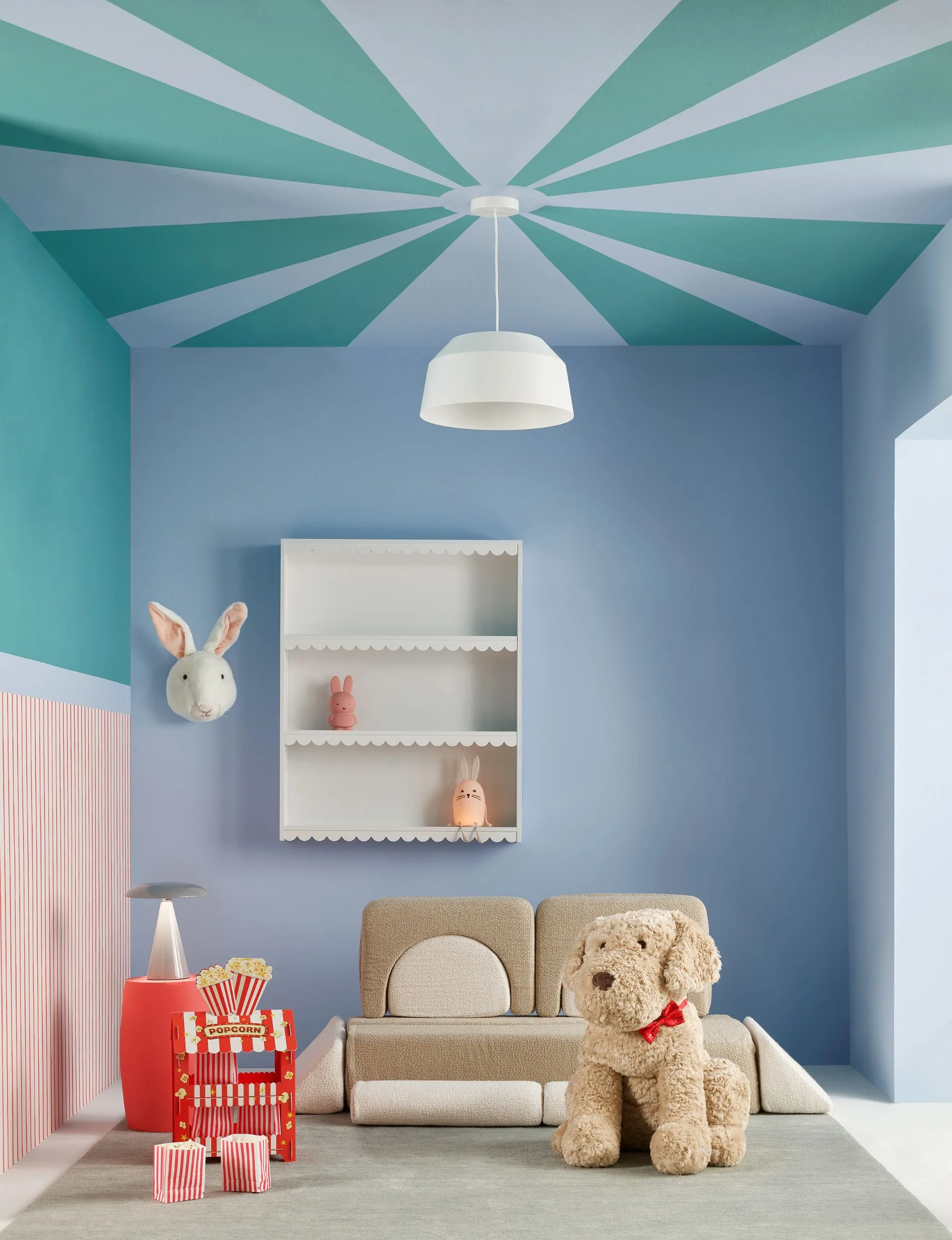 This circus themed ceiling is painted in Resene Time Out and Resene Paradise