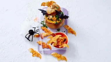 Halloween recipe: Pumpkin cauldron hummus with flaky fingernails & crunchy bat dippers