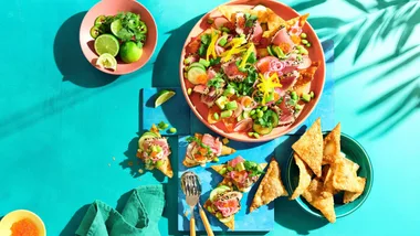 Yellowfin tuna nachos, pickles & fried wontons