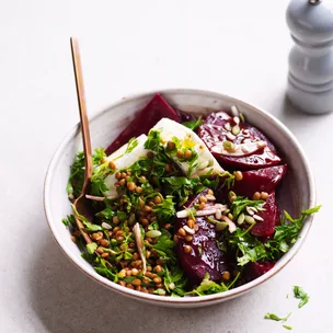 Beetroot, feta and lentil salad.