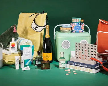 a selection of gifts set against a green backdrop