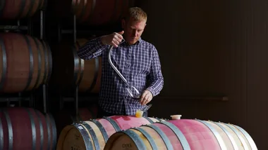 Tom Wallace barrel tasting at Devil's Corner, Tasmania