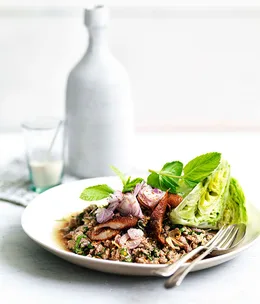 Larb ped (minced duck salad)