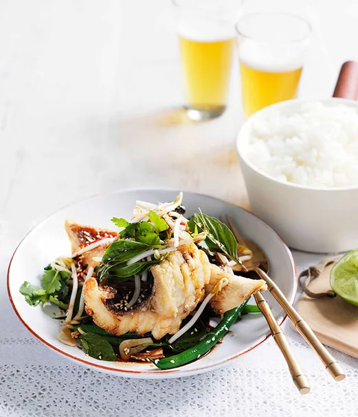 Crisp snapper and snake bean salad with Thai basil, soy and ginger