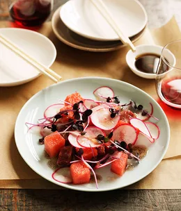 Flat-iron steak with watermelon and red cabbage