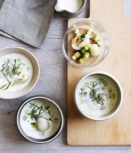 Apple and sour-cream soup with cucumber, mint and lychees
