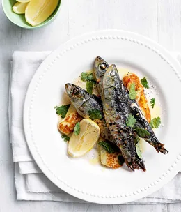 February: sardines grilled with chilli, haloumi and mint