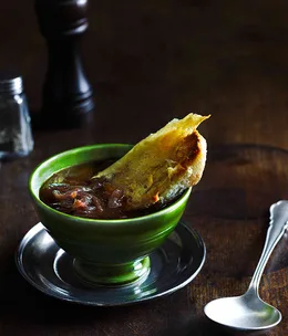 Onion soup with bone marrow and parmesan croûtons