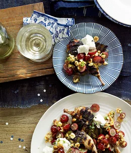Quail in vine leaves with grape and hazelnut vinaigrette