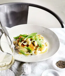 Cauliflower and cheese with gnocchi, raisins and dandelion