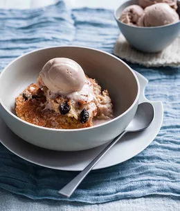 Bread pudding with caramel ice-cream