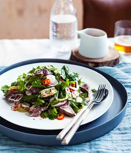 Hot and sour duck liver salad with mint, coriander and lime