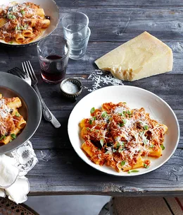 Rigatoni with braised pork, tomato and olives