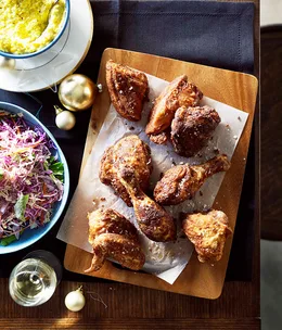 Fried chicken with creamed corn and coleslaw