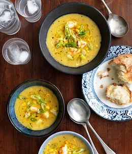 Velveted prawns with sweetcorn soup