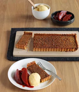 Treacle and chestnut tart with spiced quince burnt butter ice-cream
