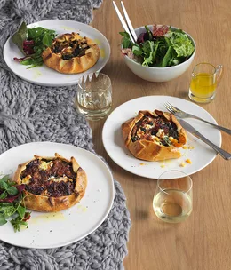 Sweet potato, silverbeet and goat’s feta pies
