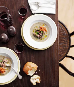 Green lentil soup with lamb ragoût and tomato fondue