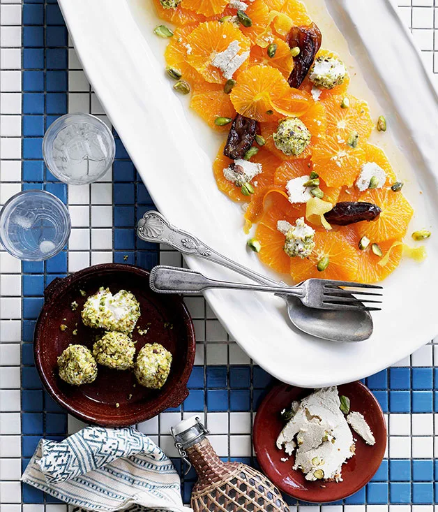 Date and orange salad with halva and pistachio yoghurt