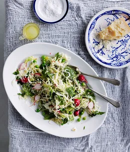 Cabbage, pea, mint, chilli and parmesan salad