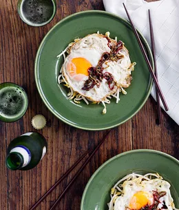 Home-style crisp fried eggs with green onions, chilli and oyster sauce