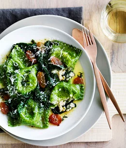 Nettle and ricotta ravioli with golden raisins