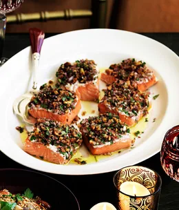 Melting salmon in fragrant salt, tarator style