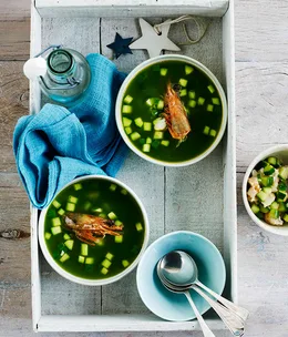Chilled cucumber and prawn soup with crisp prawn heads