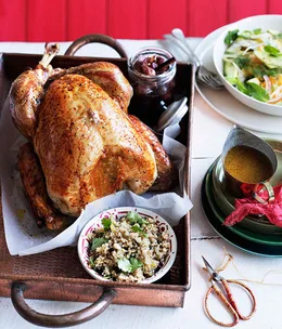 Roast turkey with burghul, preserved lemon and pine nuts