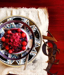 Watermelon and boysenberry granita with melon and sparkling shiraz