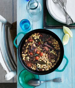 Red wine octopus with pasta