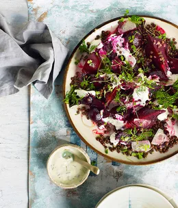 Beetroot salad with lentils and yoghurt dressing