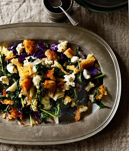 Dripping-fried bread, brassica and goat’s cheese salad