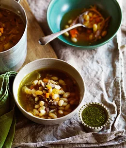 Confit duck, onion and bean soup with persillade