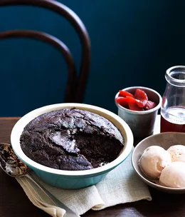 Self-saucing chocolate and sherry pudding with quince and quince and sherry ice-cream