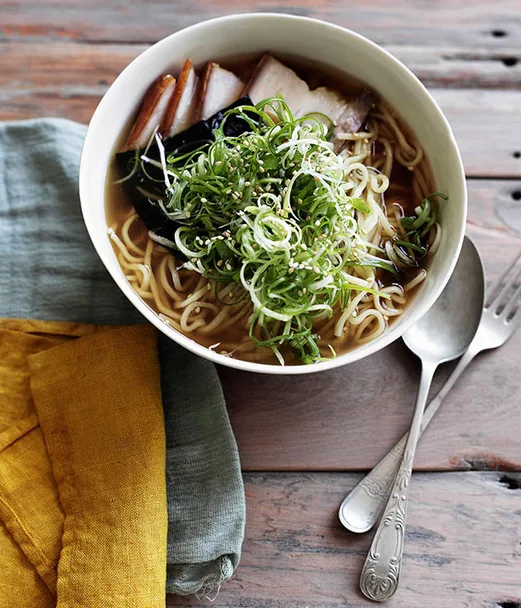 Ramen with roast pork belly, nori and spring onion
