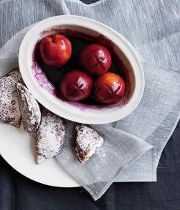 Ricotta casadetti with red wine-baked peaches
