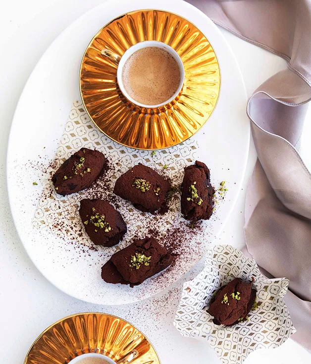 Chocolate, pistachio and orange-blossom truffles