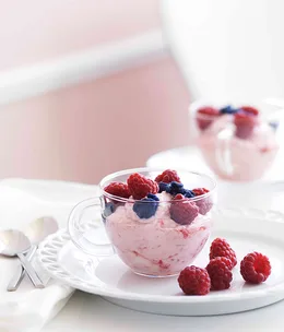 Raspberry fool with crystallised violets