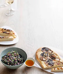 Rough olive tapenade with caramelised fennel schiacciata