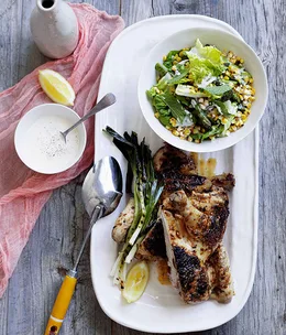 Char-grilled chicken with corn salad and buttermilk dressing