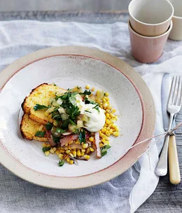 Poached egg with cornbread, corn and bacon hash and green tomato relish