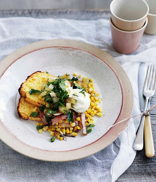 Poached egg with cornbread, corn and bacon hash and green tomato relish