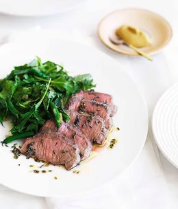 Lamb baked in lavender salt with mustard beans